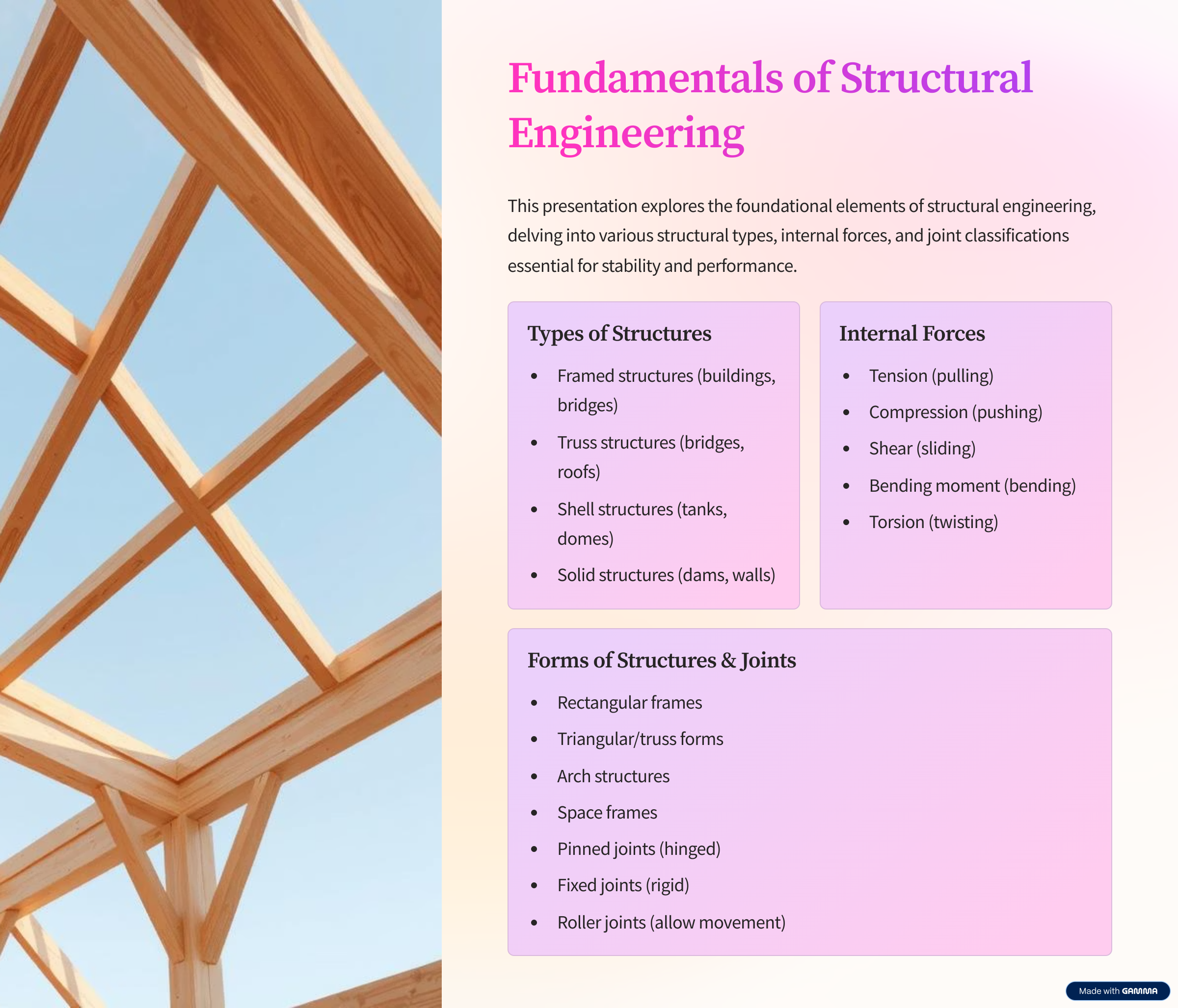Topic 1:  Types of Structures, Internal Forces, Forms of Structures, and Types of Joints in Framed Structures